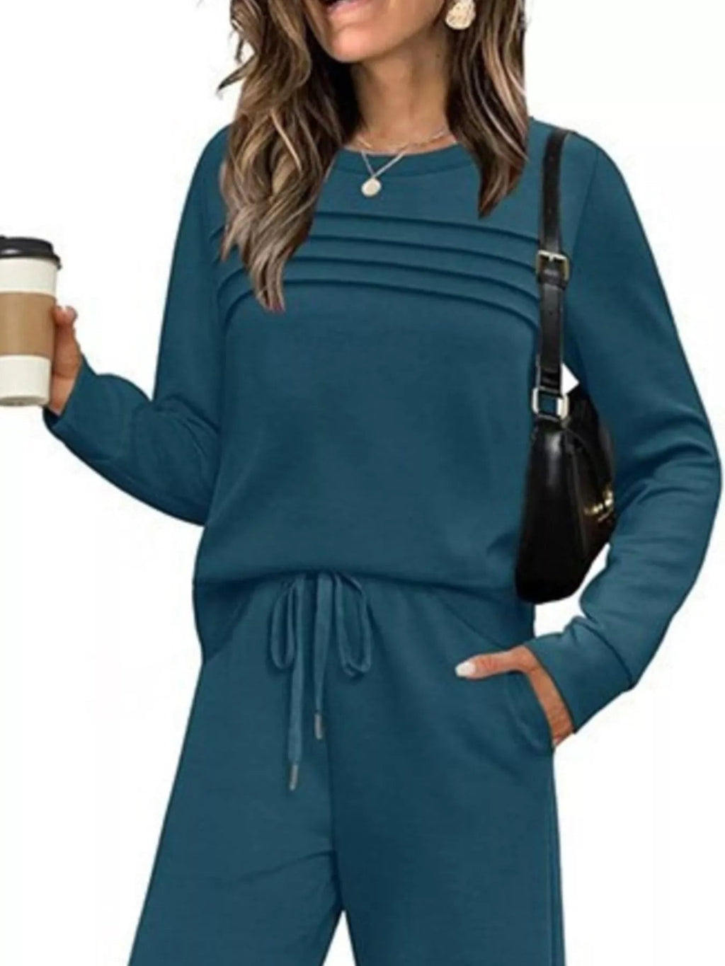 Full Size Long Sleeve Round Neck Top and Pants Set Plus Size - Lara Moda