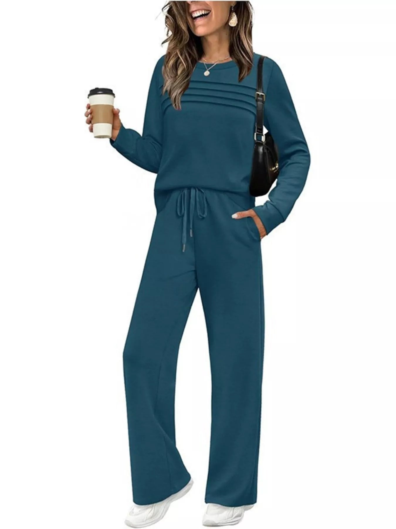 Full Size Long Sleeve Round Neck Top and Pants Set Plus Size - Lara Moda