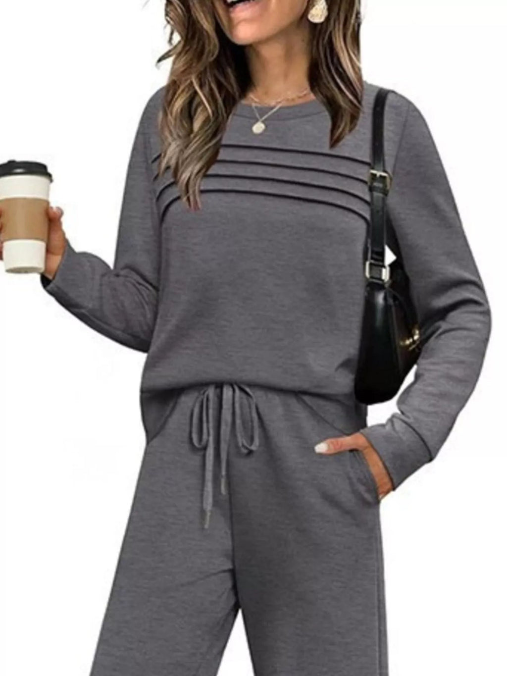 Full Size Long Sleeve Round Neck Top and Pants Set Plus Size - Lara Moda
