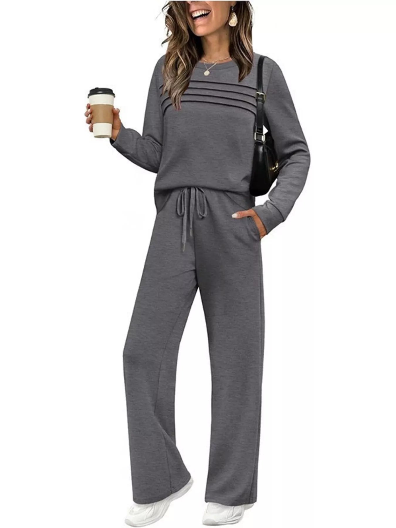 Full Size Long Sleeve Round Neck Top and Pants Set Plus Size - Lara Moda