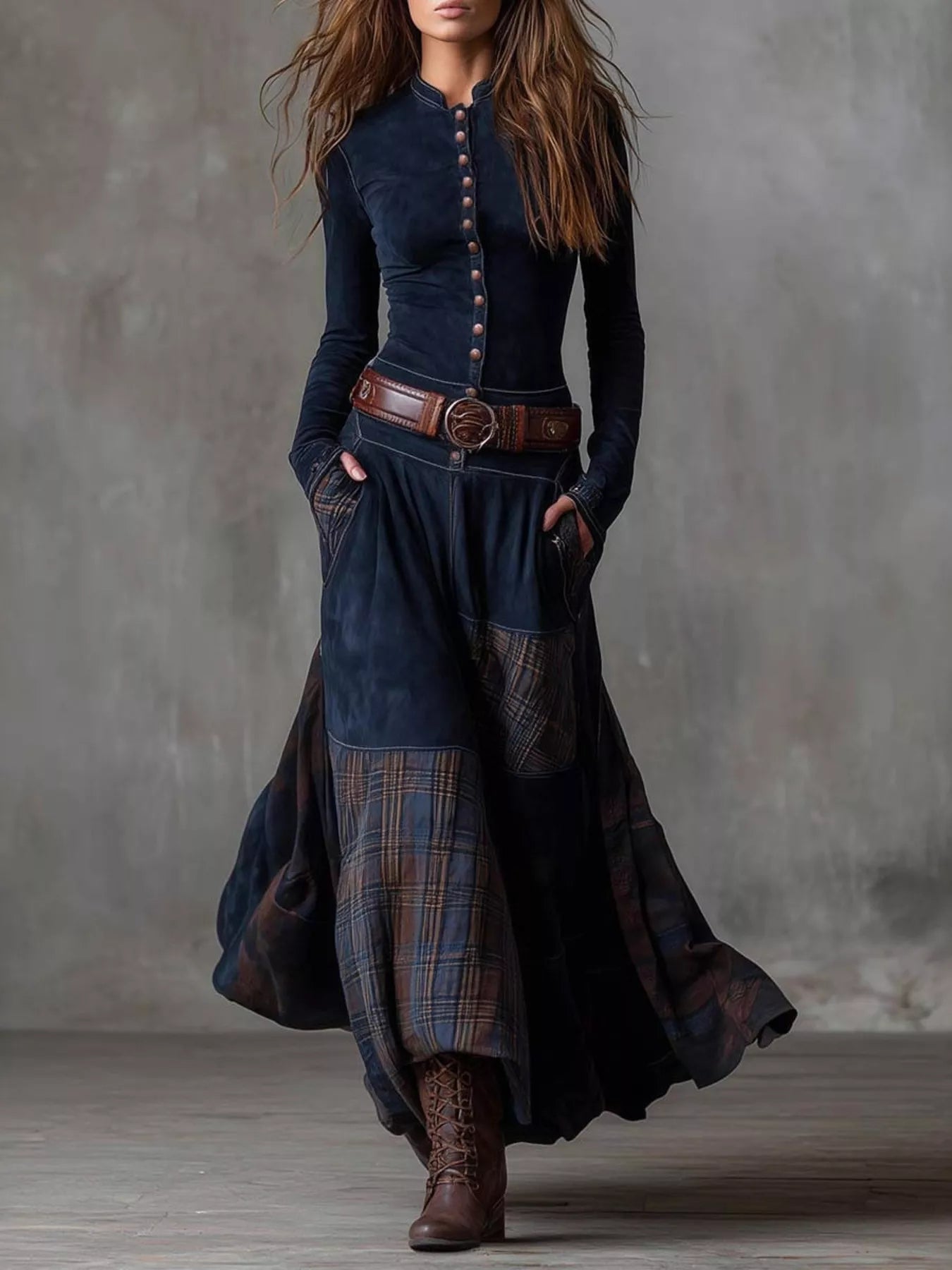 Full Size Plaid Button Front Long Sleeve Dress Plus Size - Lara Moda