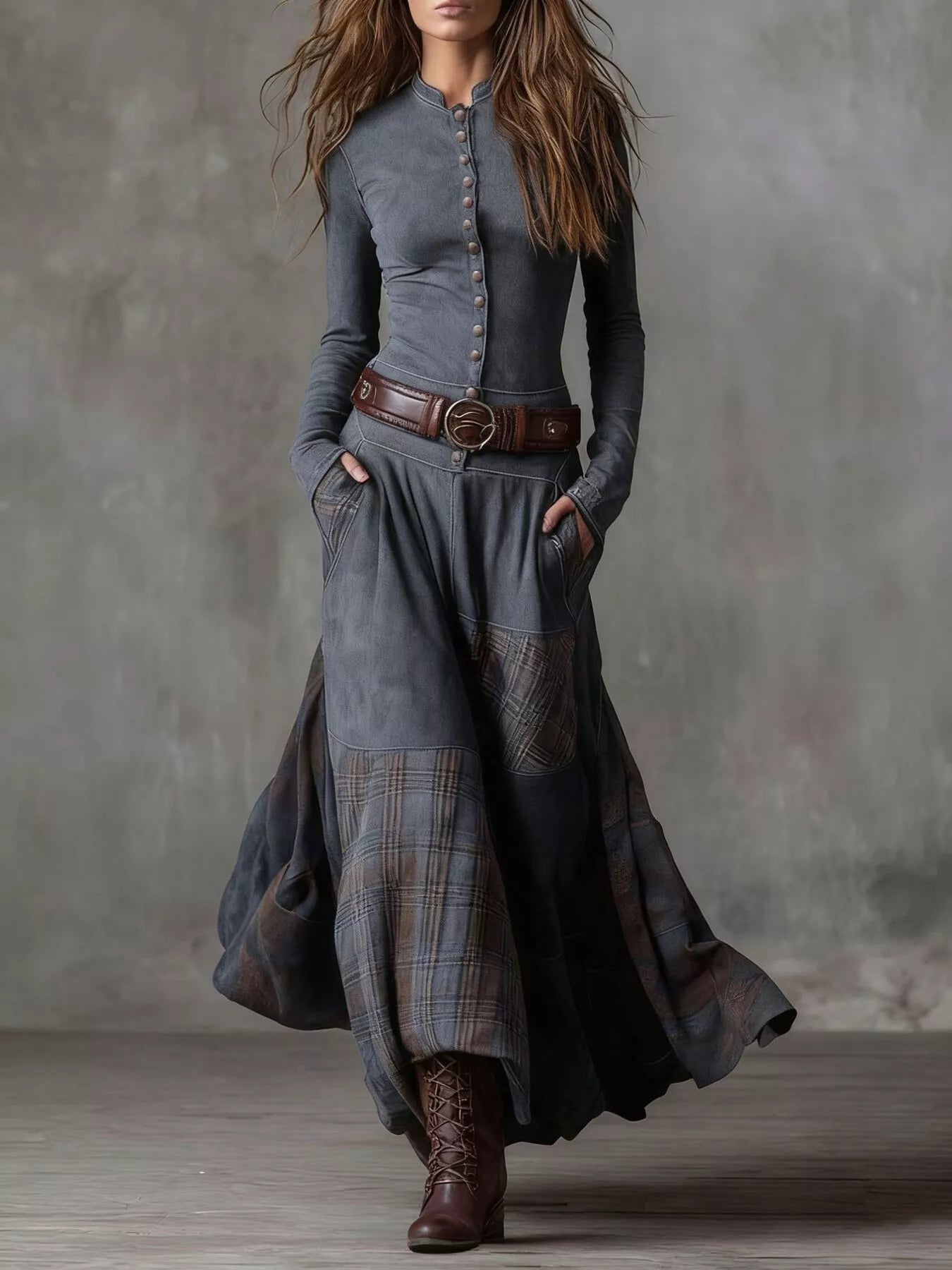 Full Size Plaid Button Front Long Sleeve Dress Plus Size - Lara Moda