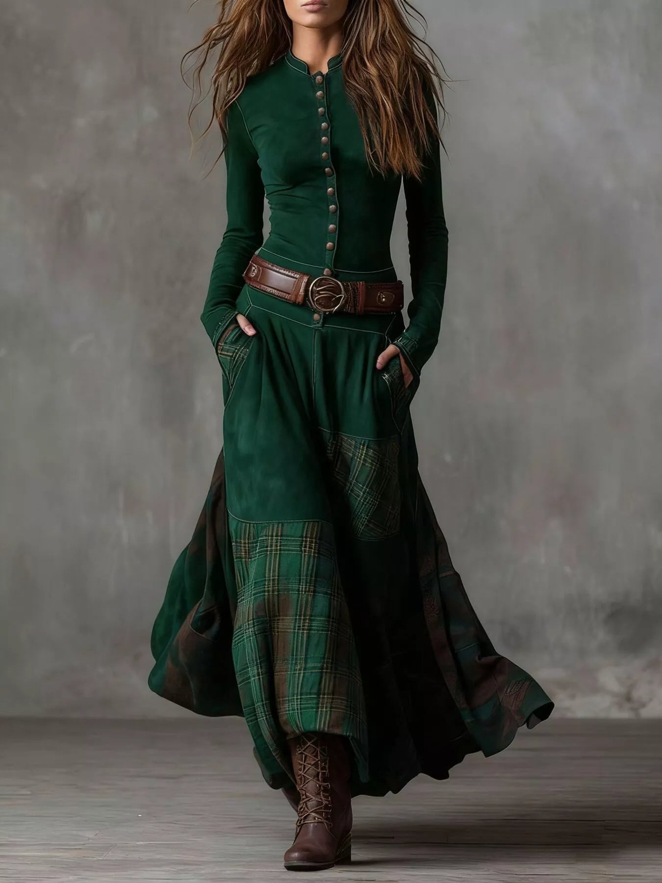 Full Size Plaid Button Front Long Sleeve Dress Plus Size - Lara Moda