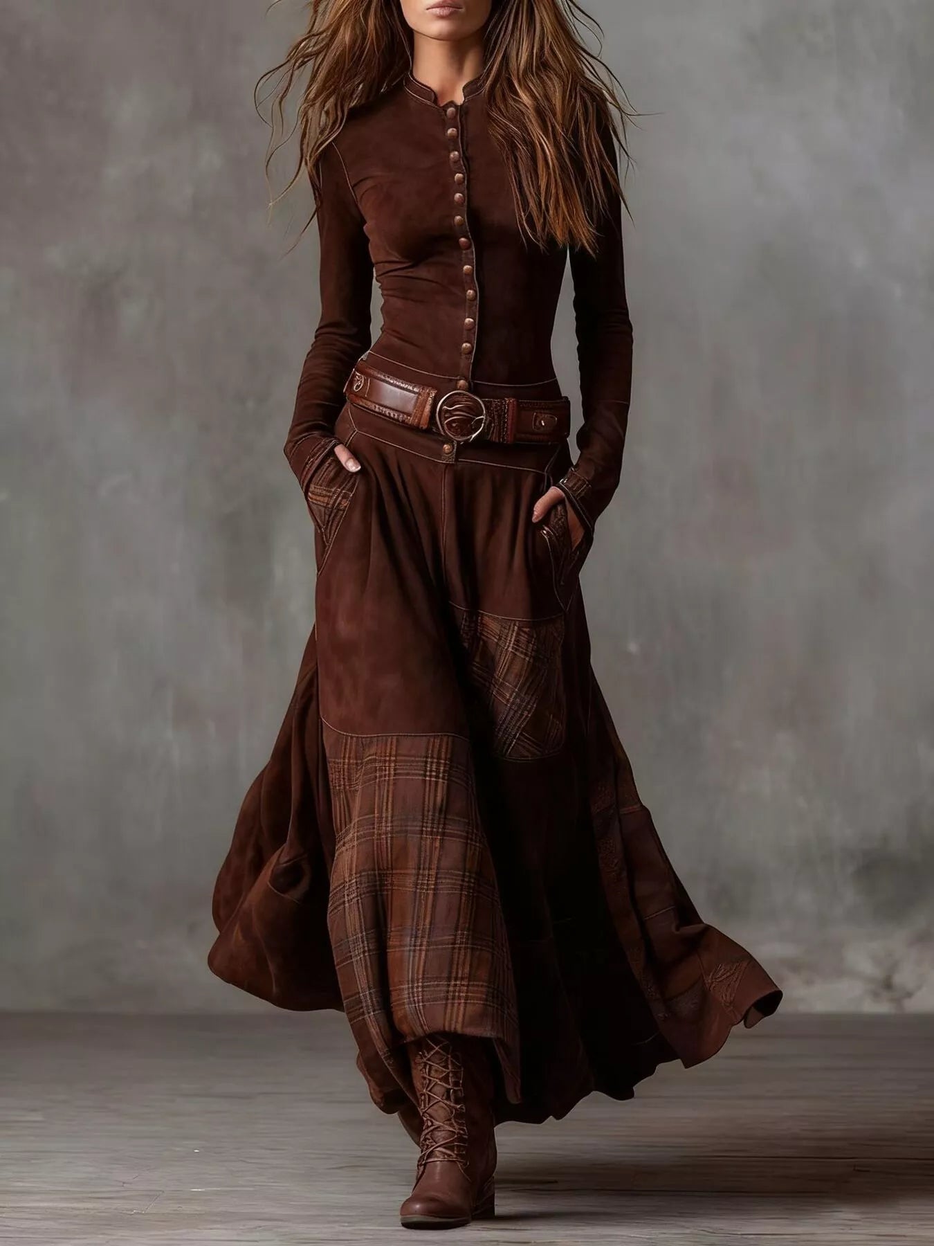 Full Size Plaid Button Front Long Sleeve Dress Plus Size - Lara Moda