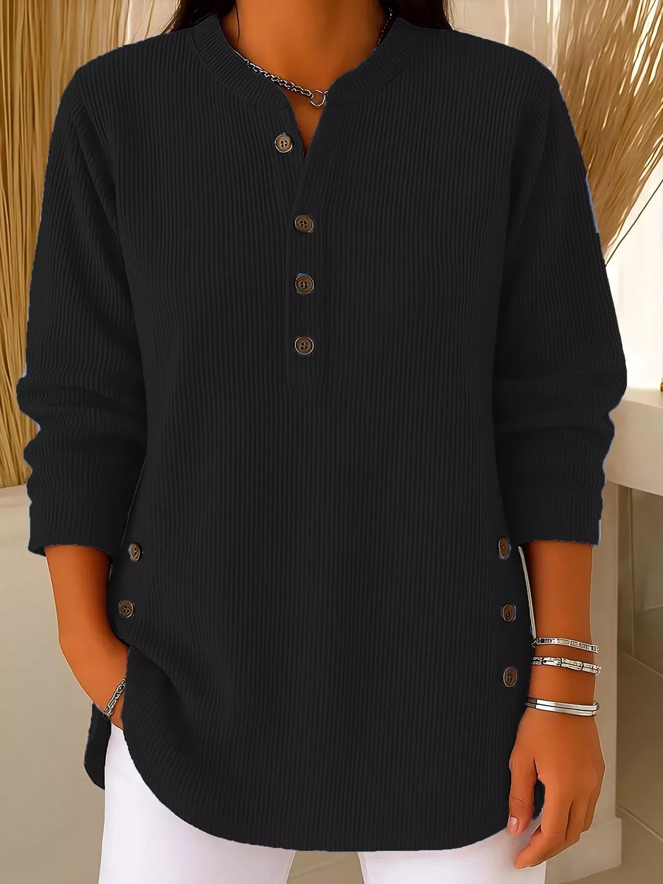 Full Size Ribbed Half Button Henley Top Plus Size - Lara Moda