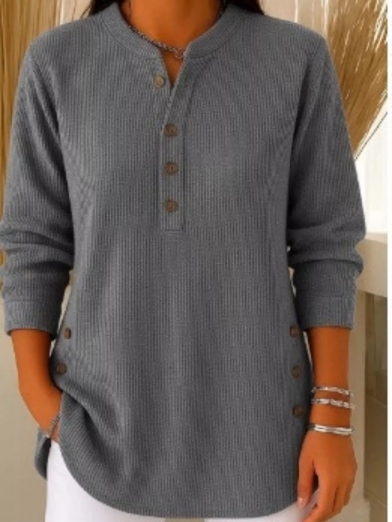 Full Size Ribbed Half Button Henley Top Plus Size - Lara Moda