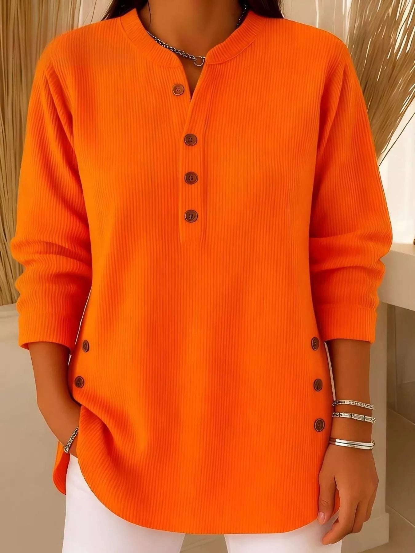 Full Size Ribbed Half Button Henley Top Plus Size - Lara Moda