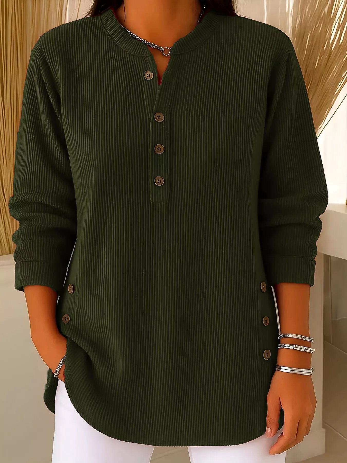Full Size Ribbed Half Button Henley Top Plus Size - Lara Moda