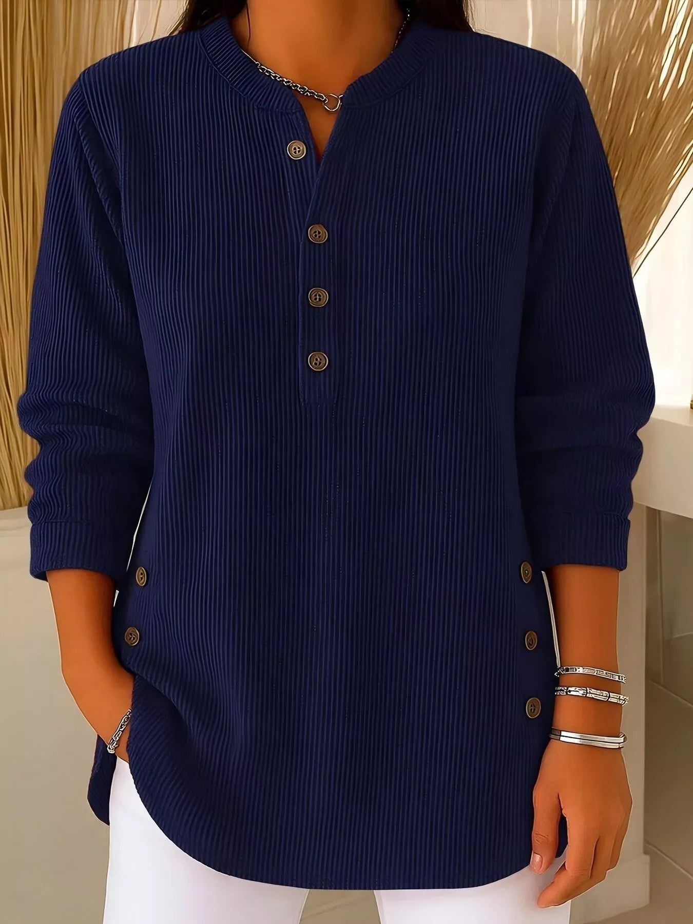 Full Size Ribbed Half Button Henley Top Plus Size - Lara Moda