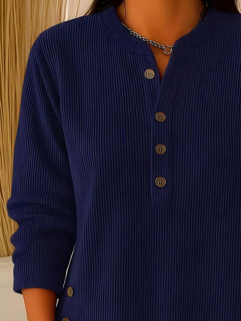 Full Size Ribbed Half Button Henley Top Plus Size - Lara Moda