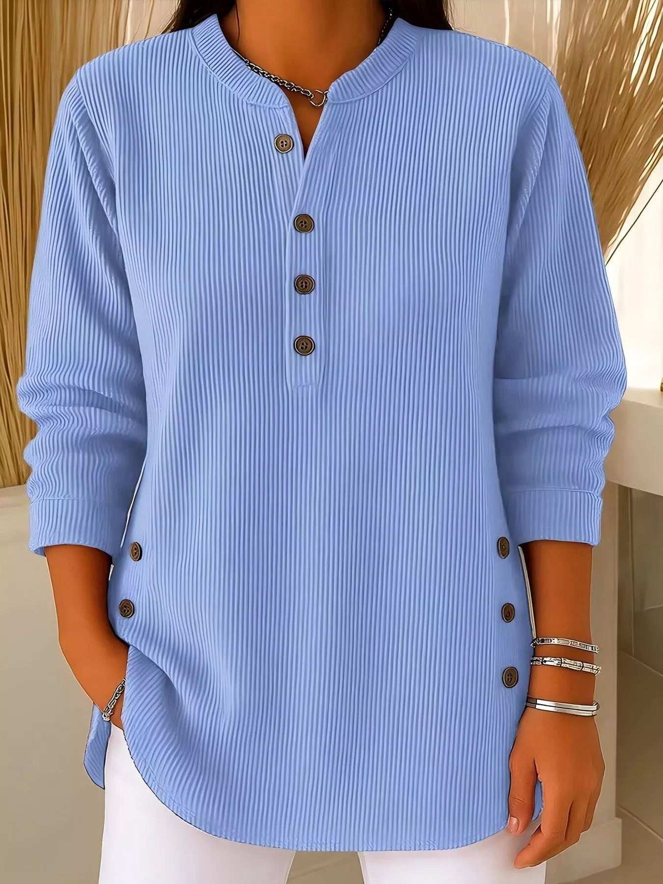 Full Size Ribbed Half Button Henley Top Plus Size - Lara Moda