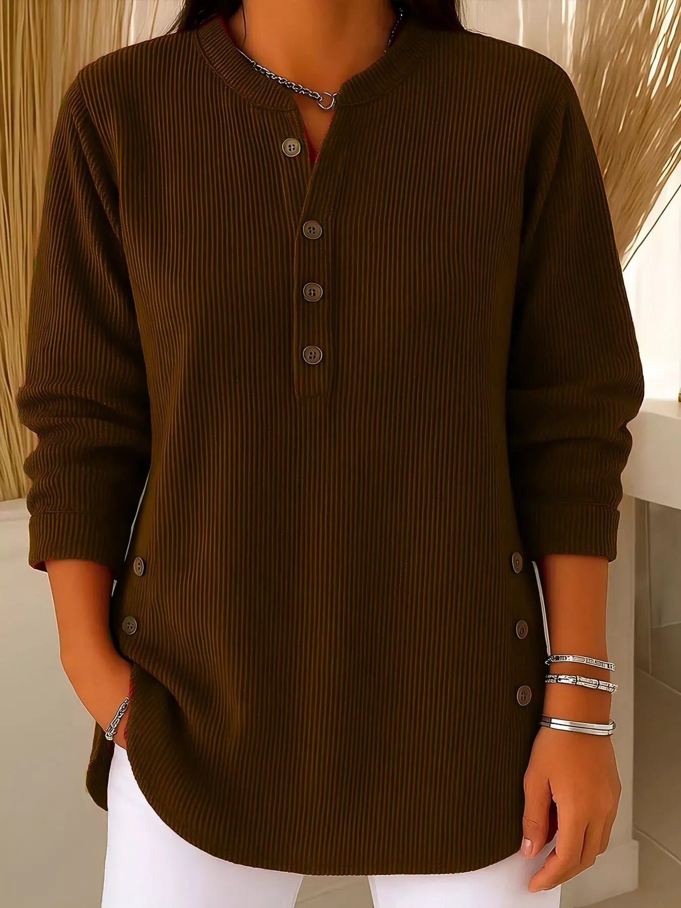 Full Size Ribbed Half Button Henley Top Plus Size - Lara Moda