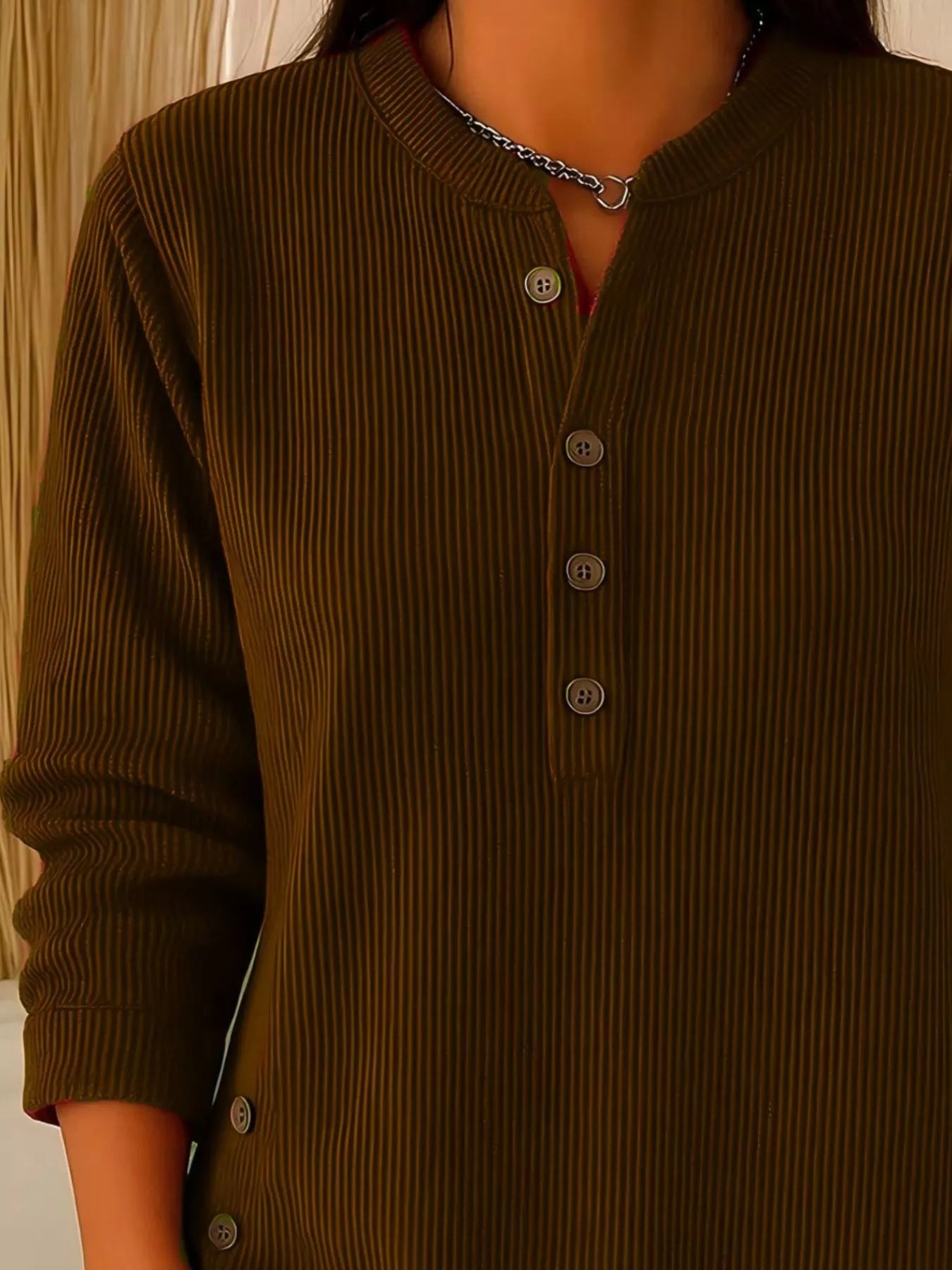 Full Size Ribbed Half Button Henley Top Plus Size - Lara Moda