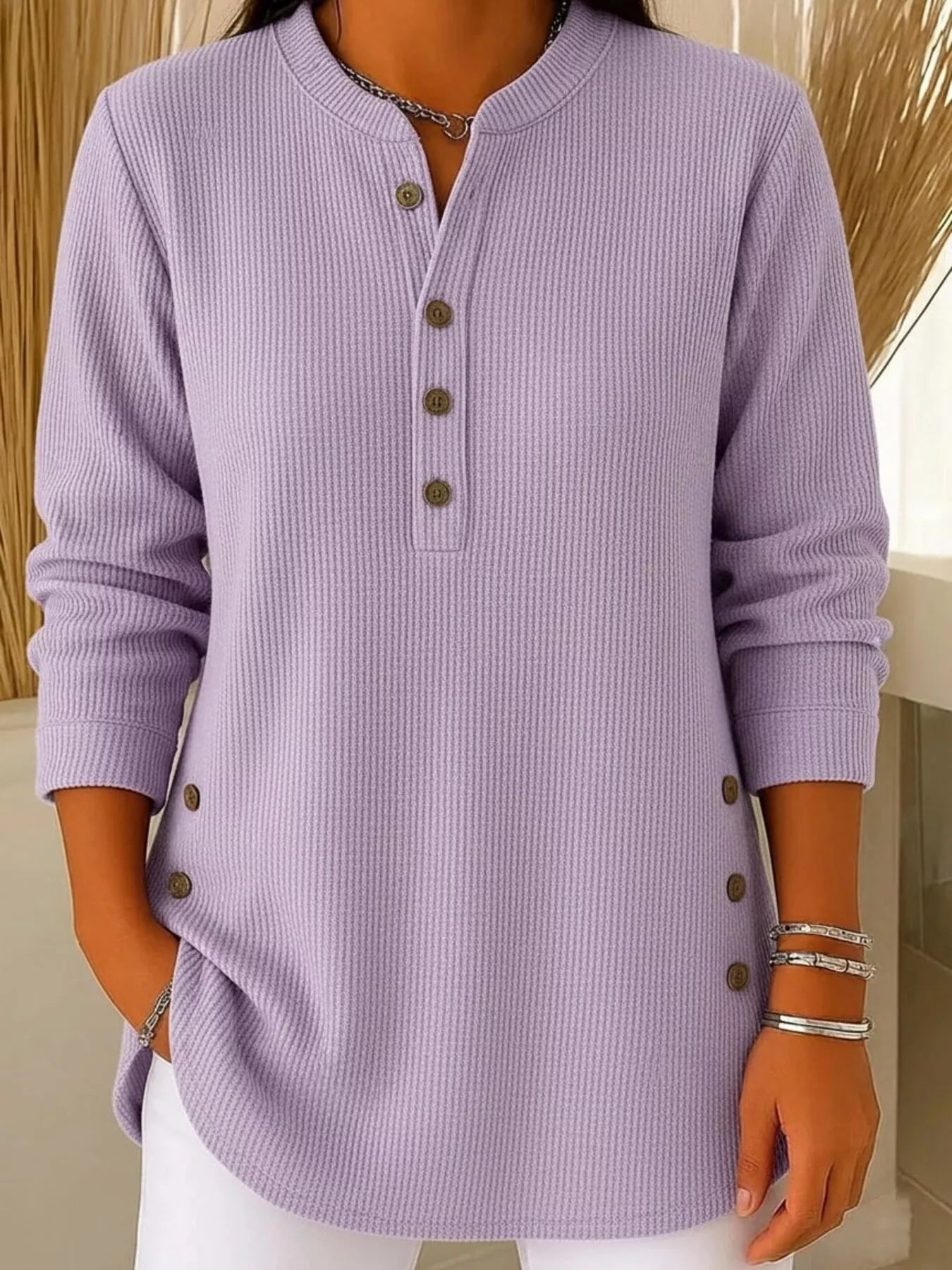 Full Size Ribbed Half Button Henley Top Plus Size - Lara Moda