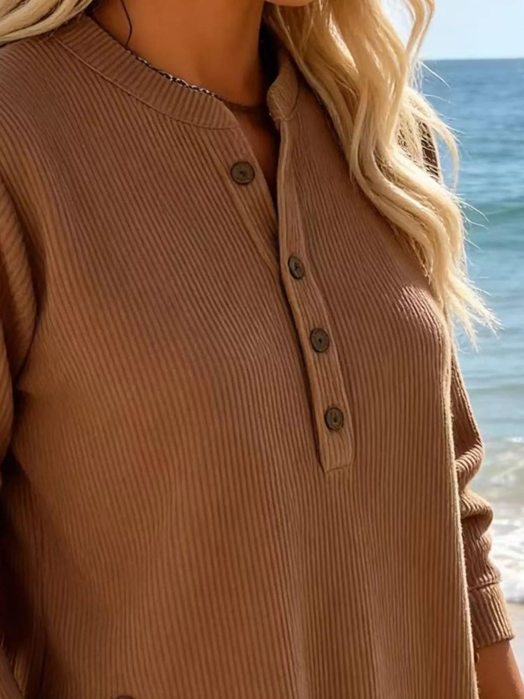 Full Size Ribbed Half Button Henley Top Plus Size - Lara Moda