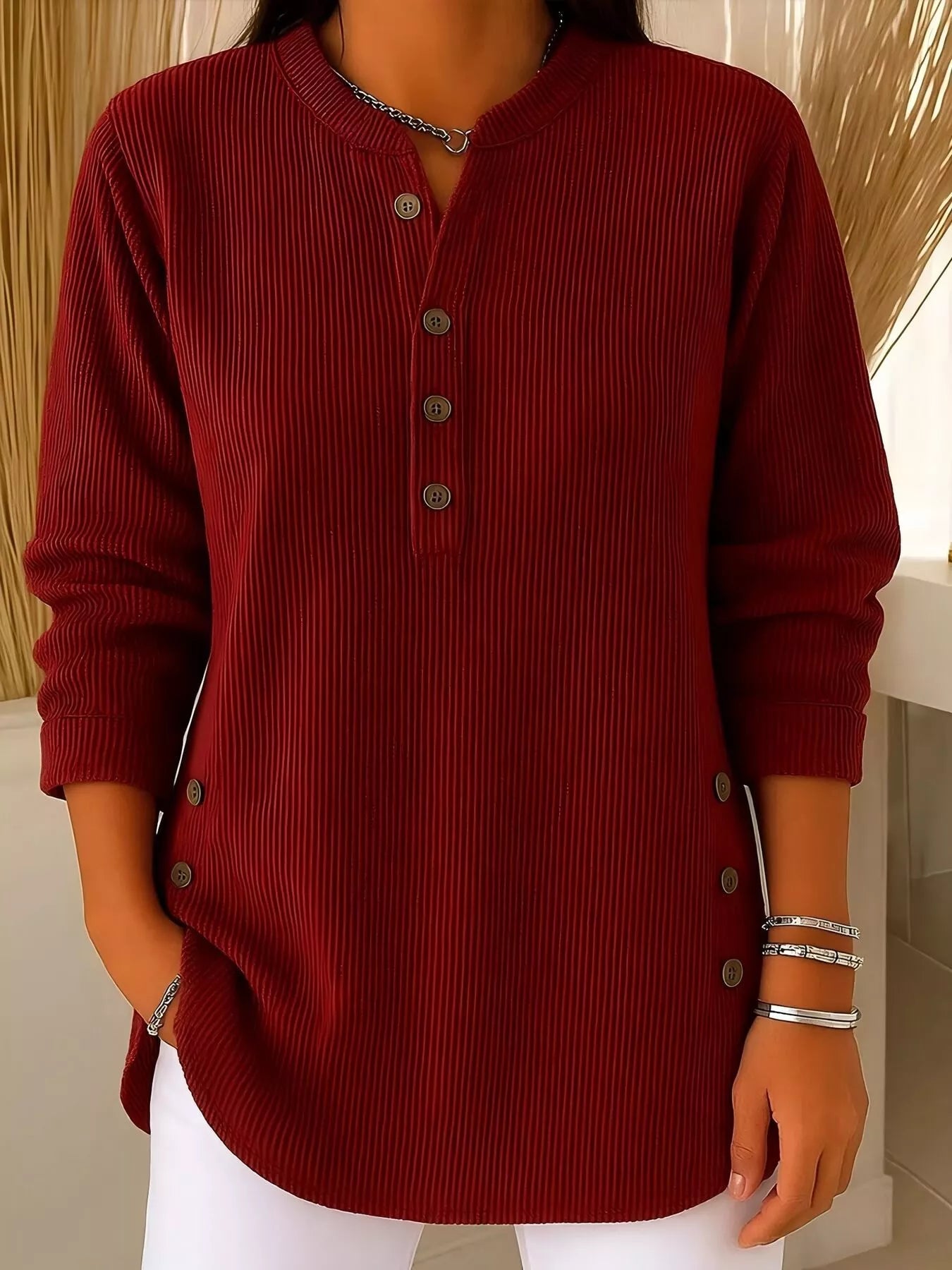 Full Size Ribbed Half Button Henley Top Plus Size - Lara Moda