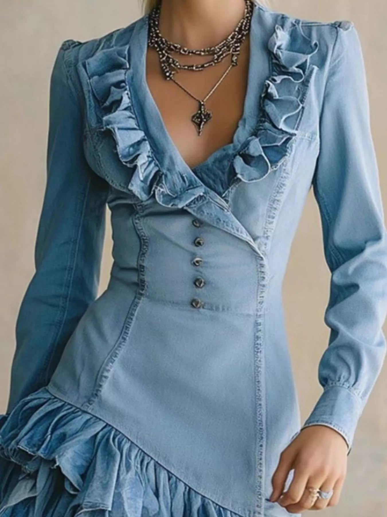 Full Size Ruffled High-Low Denim Dress Plus Size - Lara Moda