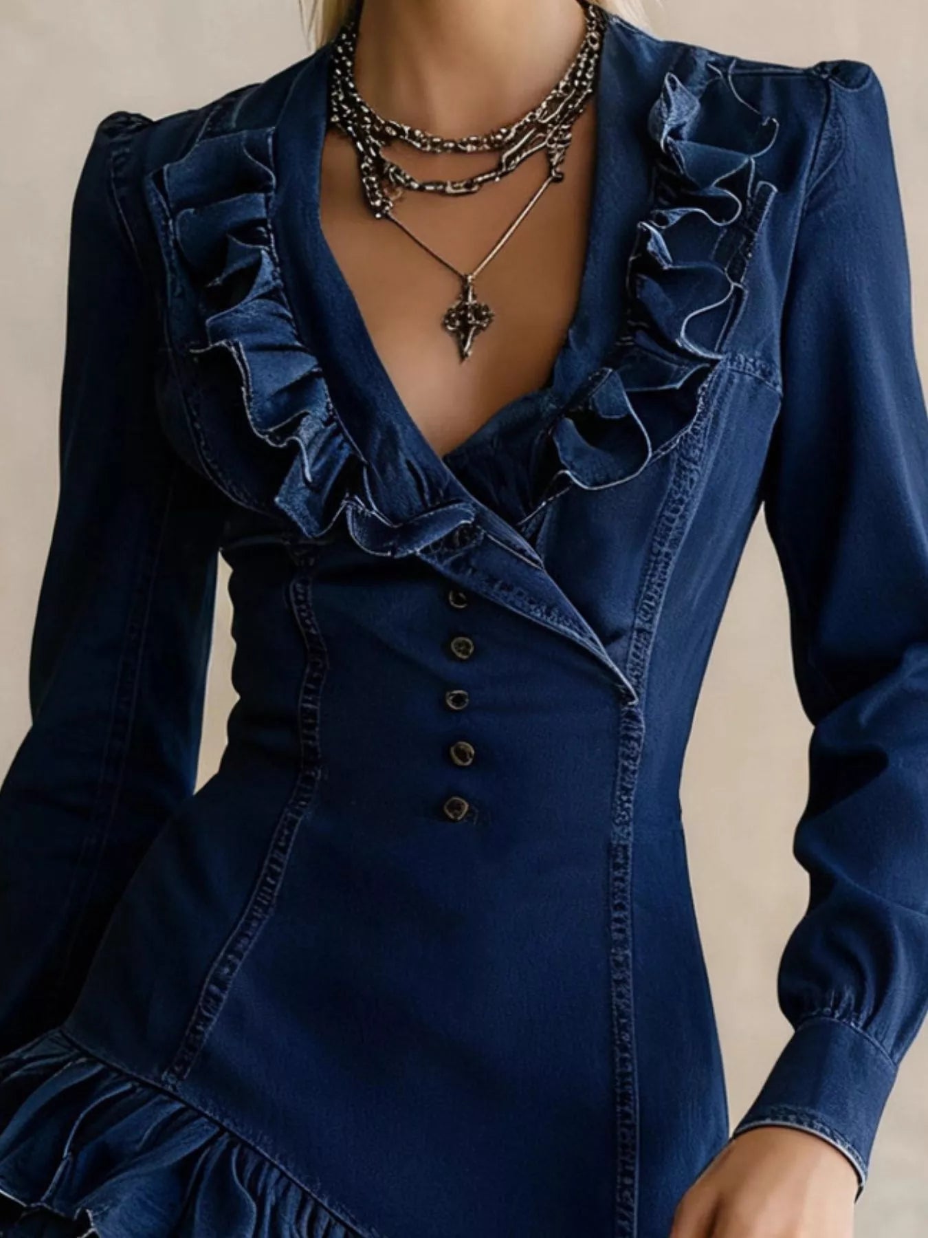 Full Size Ruffled High-Low Denim Dress Plus Size - Lara Moda