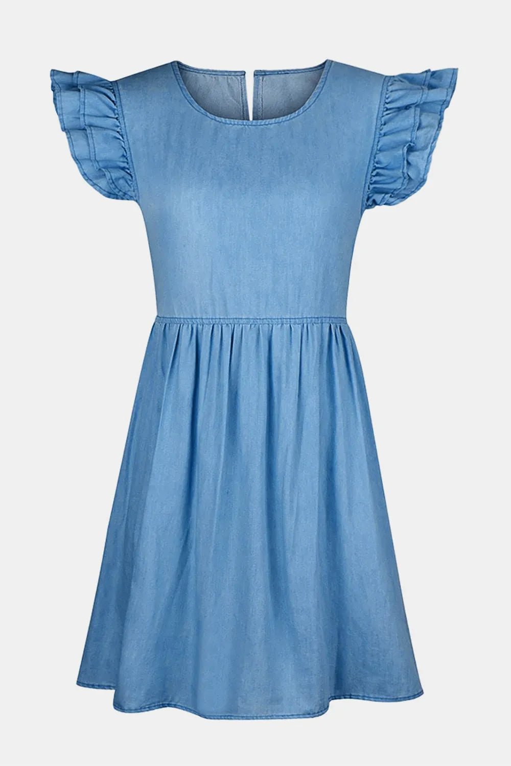 Full Size Ruffled Round Neck Cap Sleeve Denim Dress - Lara Moda