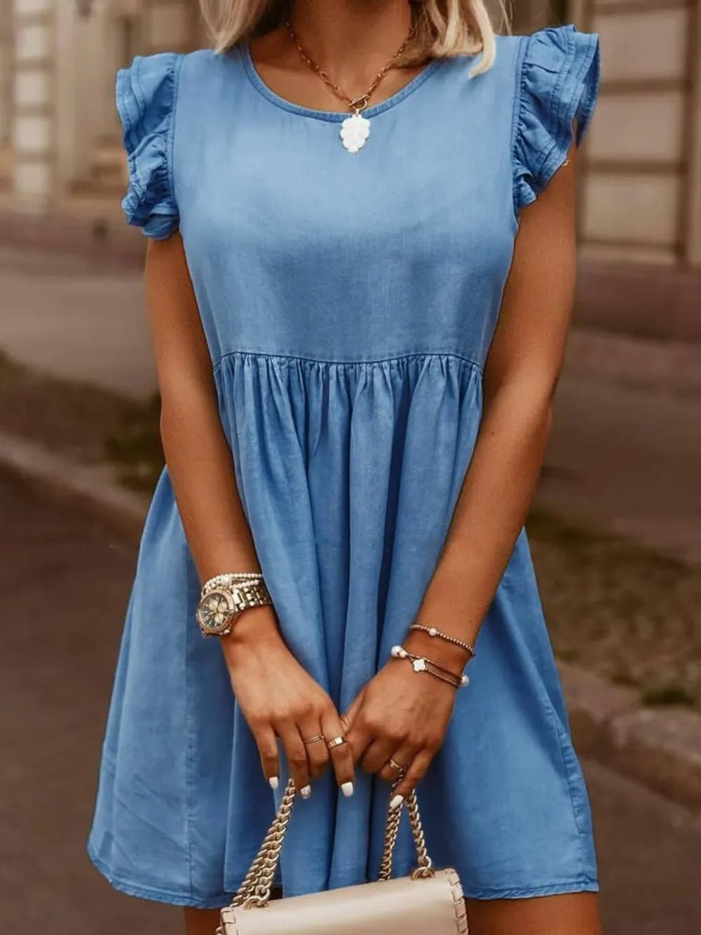 Full Size Ruffled Round Neck Cap Sleeve Denim Dress - Lara Moda