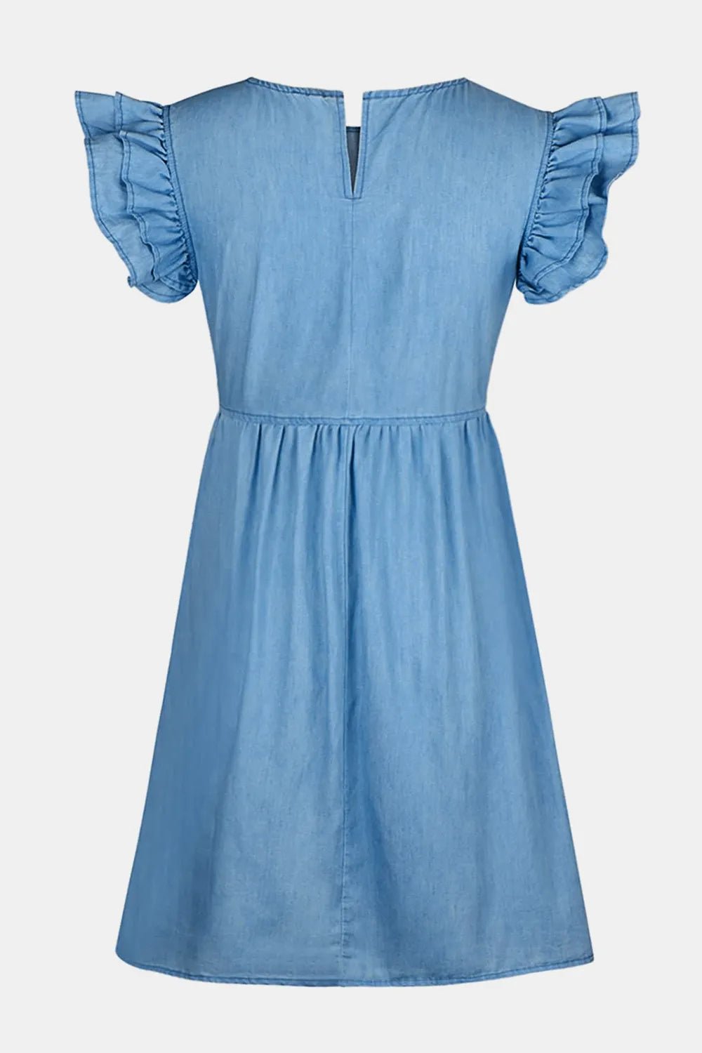 Full Size Ruffled Round Neck Cap Sleeve Denim Dress - Lara Moda