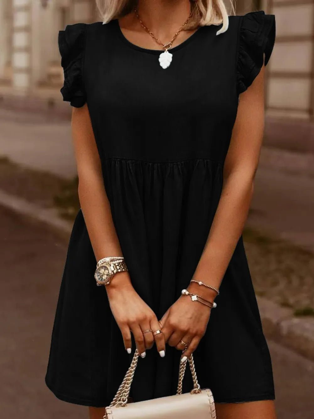 Full Size Ruffled Round Neck Cap Sleeve Denim Dress - Lara Moda