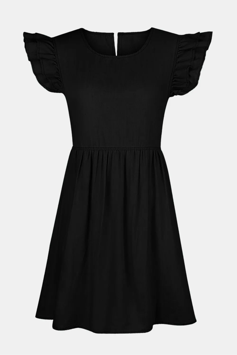 Full Size Ruffled Round Neck Cap Sleeve Denim Dress - Lara Moda