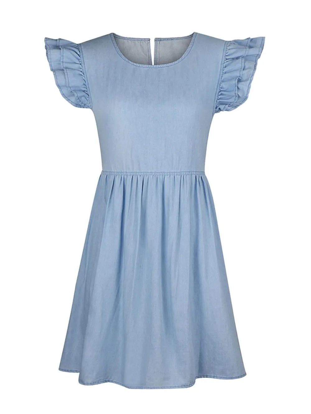 Full Size Ruffled Round Neck Cap Sleeve Denim Dress - Lara Moda