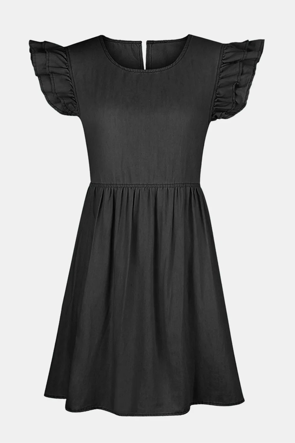Full Size Ruffled Round Neck Cap Sleeve Denim Dress - Lara Moda