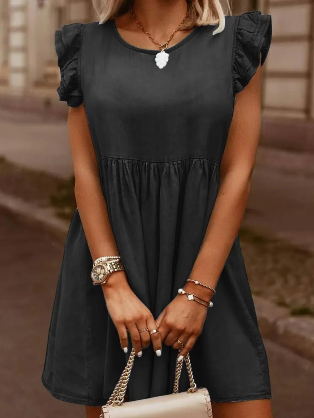 Full Size Ruffled Round Neck Cap Sleeve Denim Dress - Lara Moda