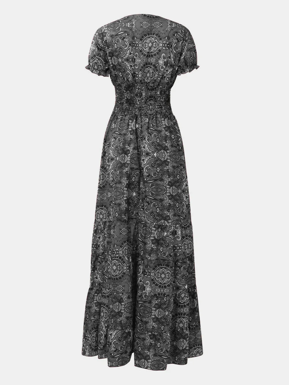 Full Size Smocked Printed V-Neck Short Sleeve Dress - Lara Moda
