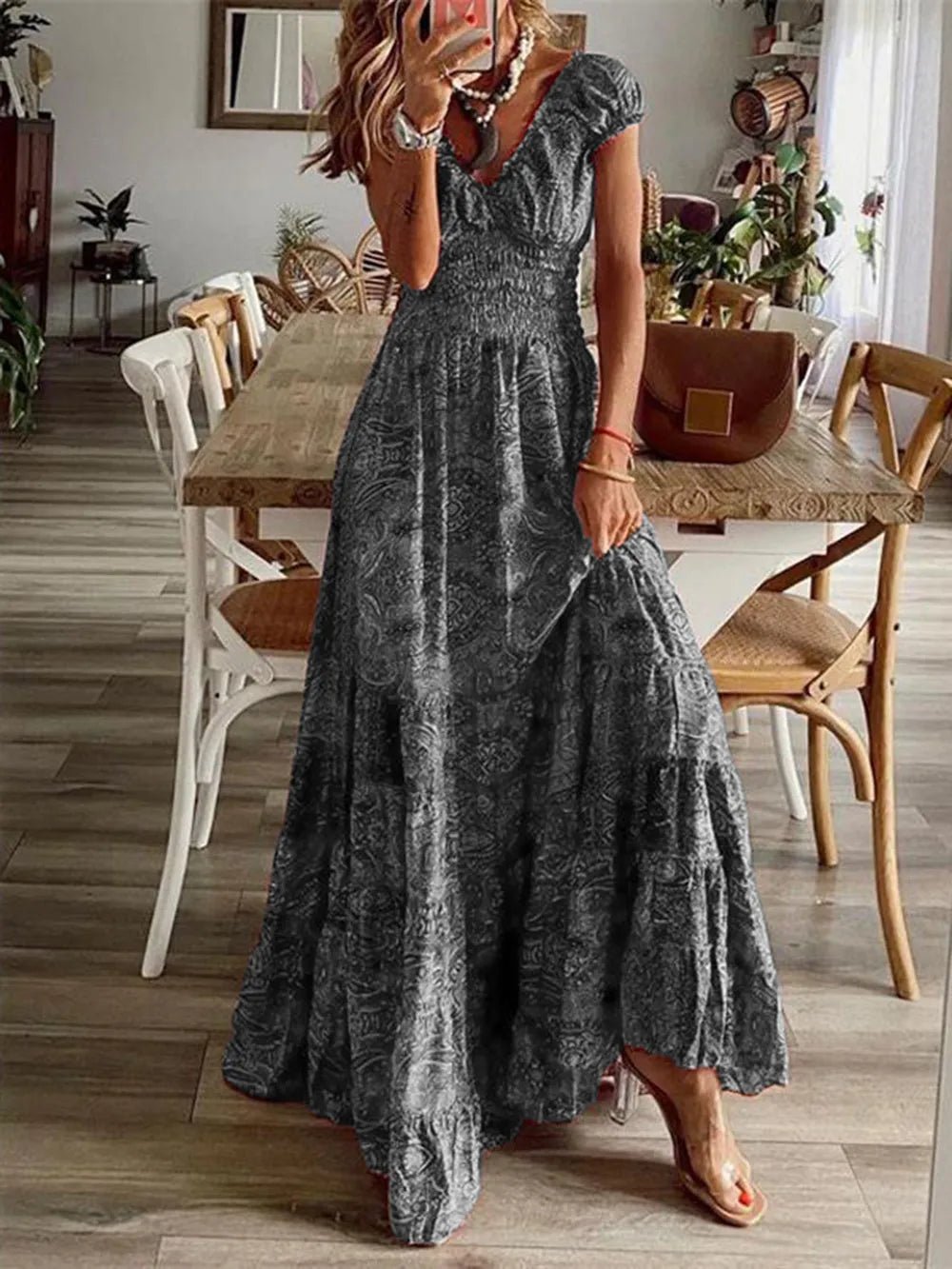 Full Size Smocked Printed V-Neck Short Sleeve Dress - Lara Moda