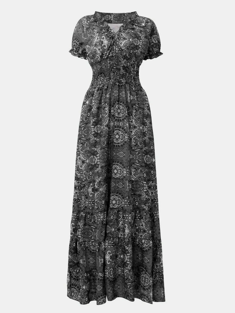 Full Size Smocked Printed V-Neck Short Sleeve Dress - Lara Moda