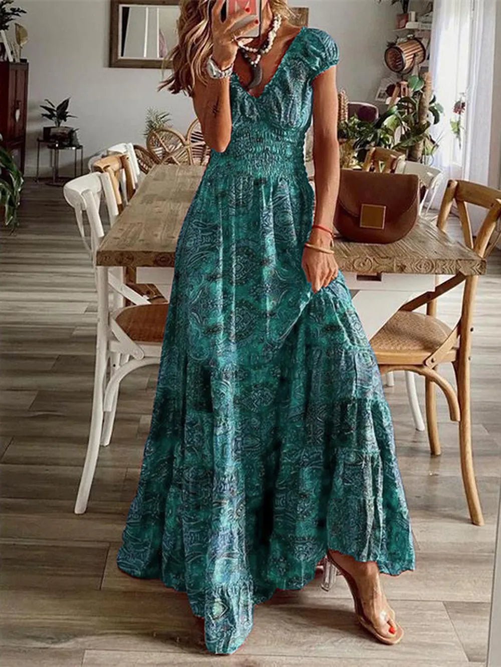 Full Size Smocked Printed V-Neck Short Sleeve Dress - Lara Moda