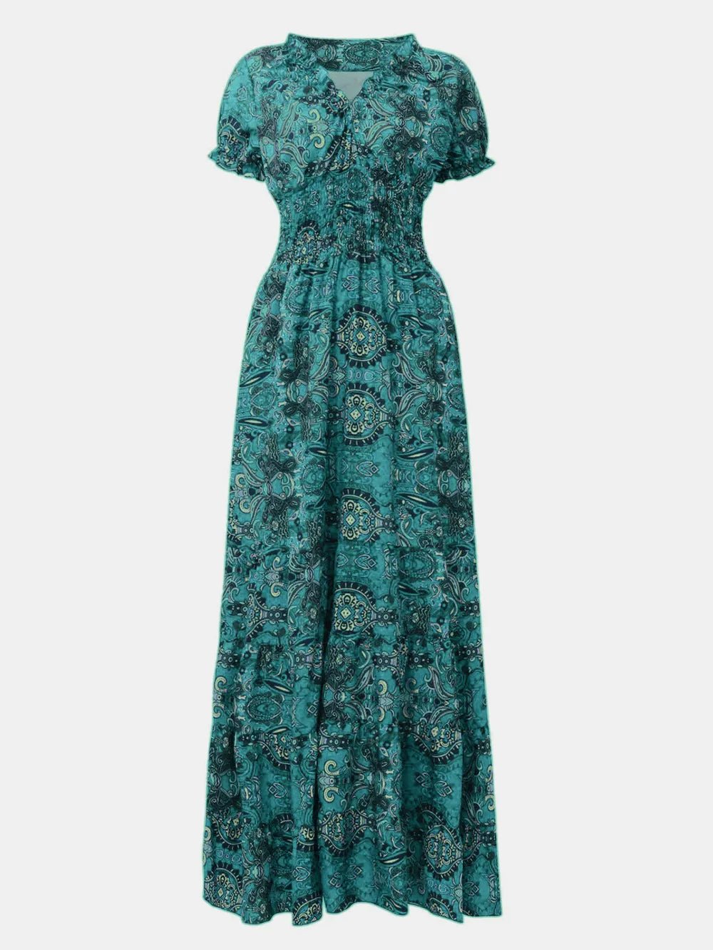 Full Size Smocked Printed V-Neck Short Sleeve Dress - Lara Moda