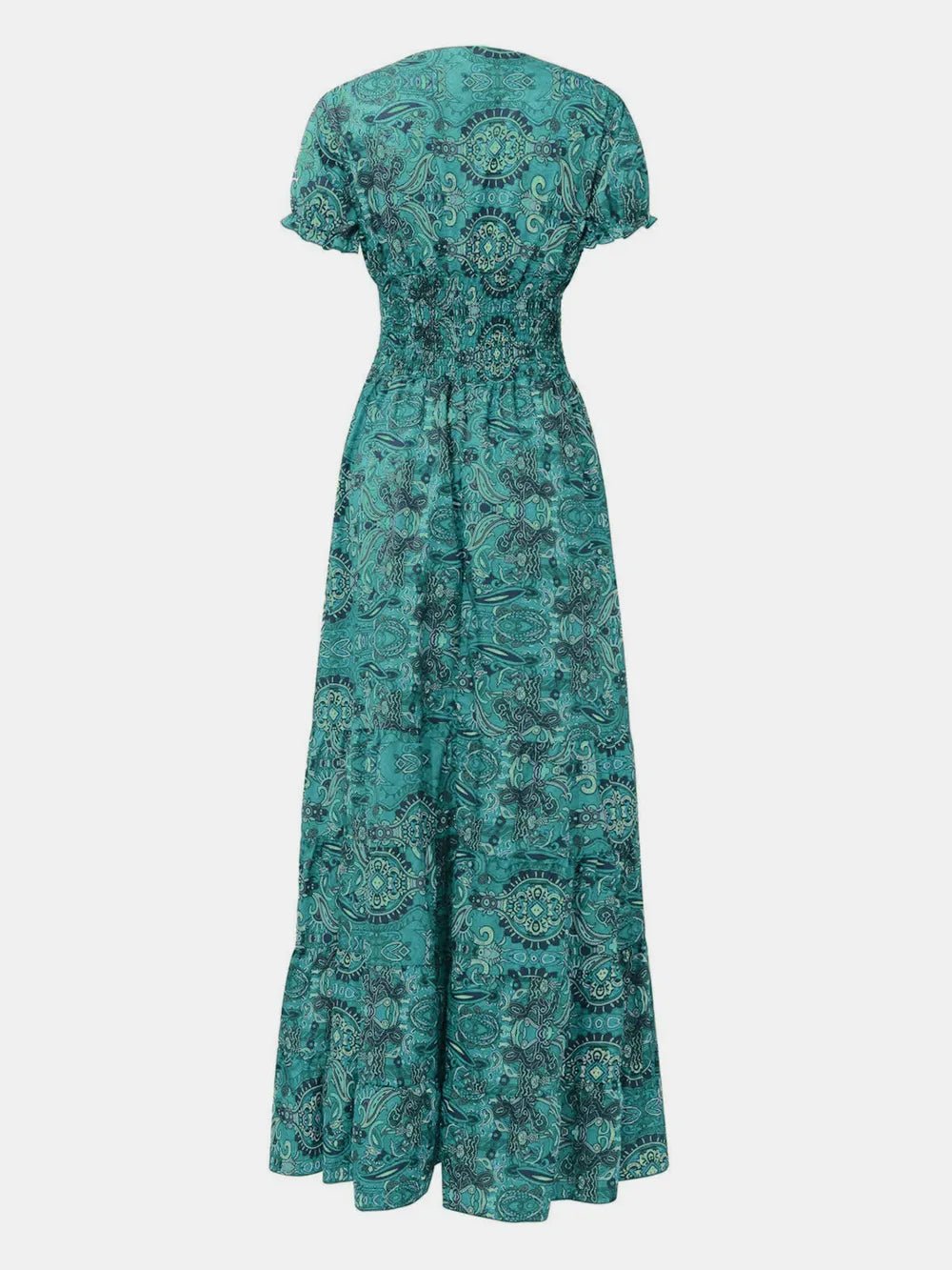 Full Size Smocked Printed V-Neck Short Sleeve Dress - Lara Moda
