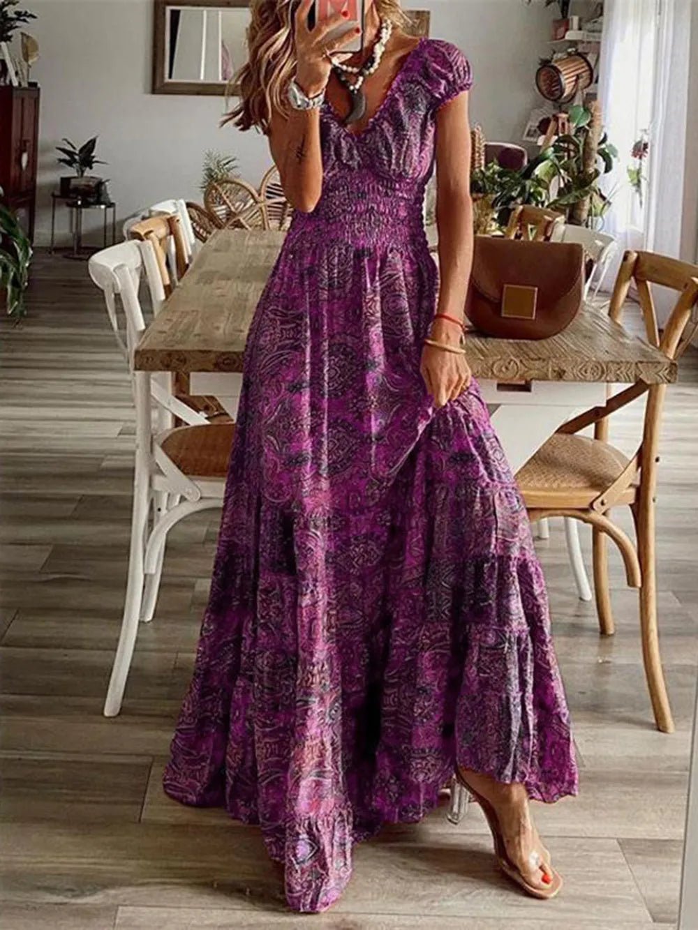 Full Size Smocked Printed V-Neck Short Sleeve Dress - Lara Moda