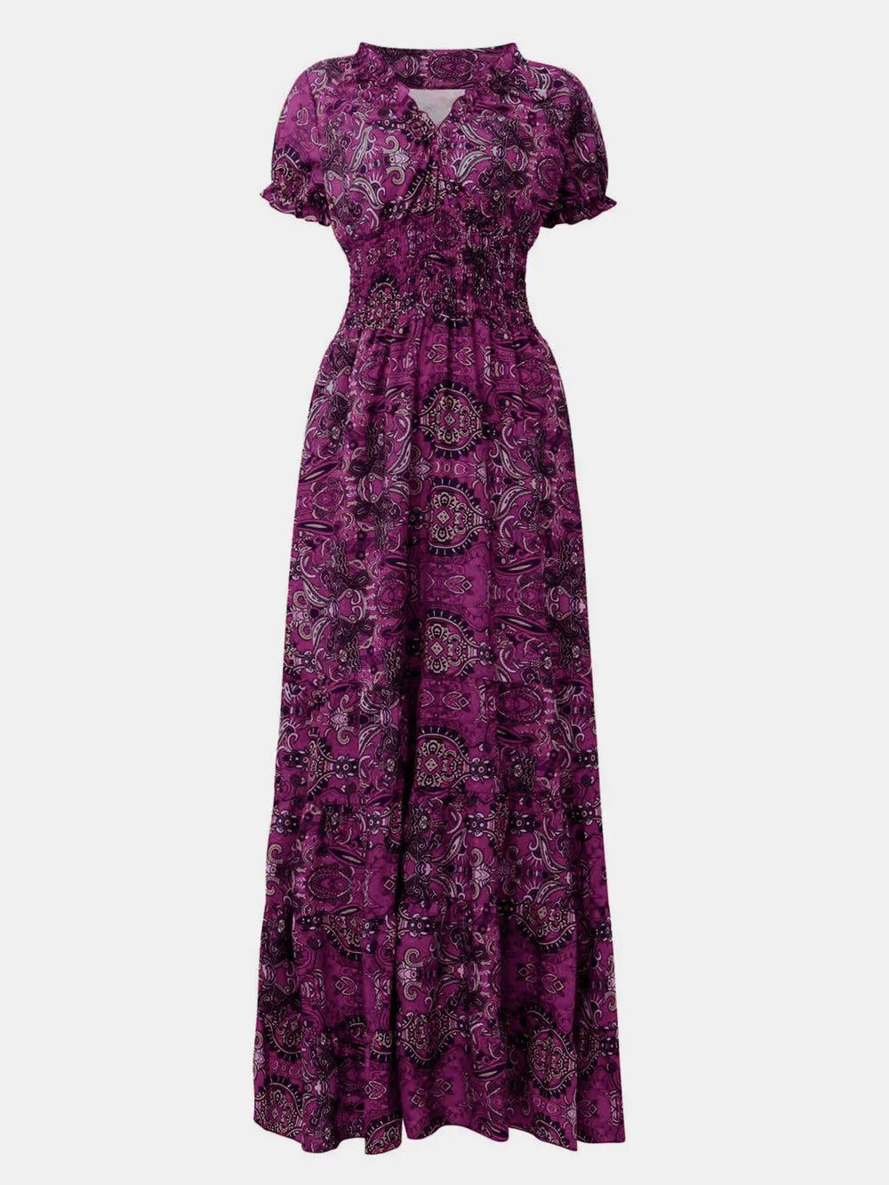 Full Size Smocked Printed V-Neck Short Sleeve Dress - Lara Moda