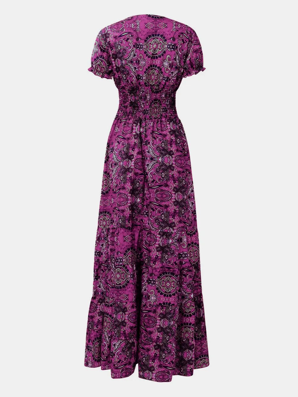 Full Size Smocked Printed V-Neck Short Sleeve Dress - Lara Moda