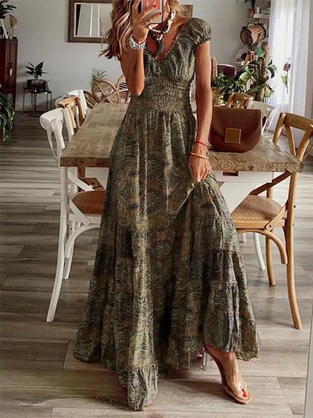 Full Size Smocked Printed V-Neck Short Sleeve Dress - Lara Moda