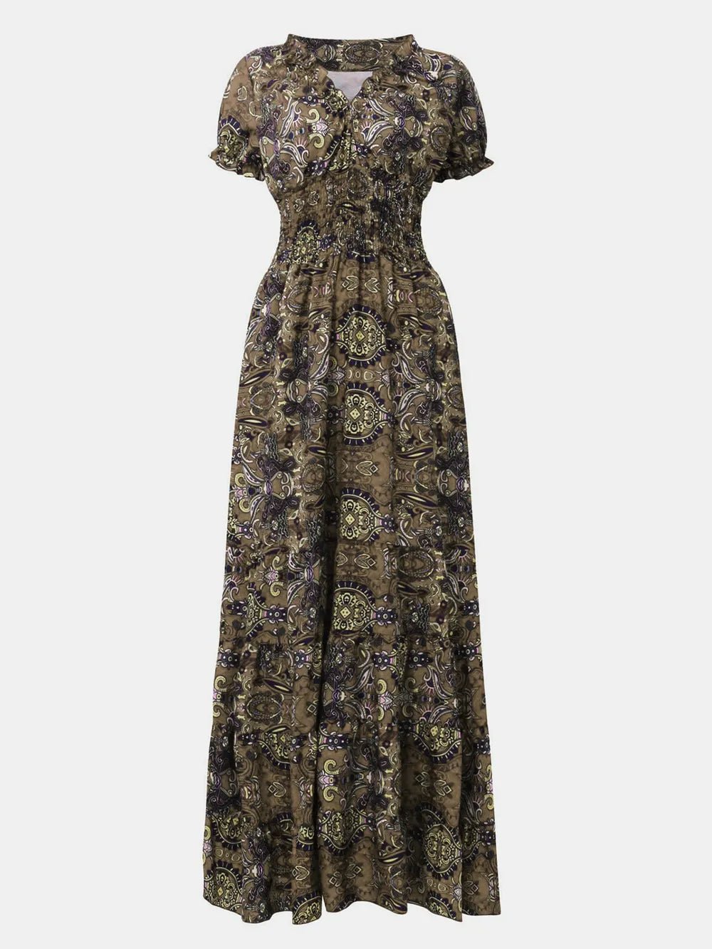 Full Size Smocked Printed V-Neck Short Sleeve Dress - Lara Moda