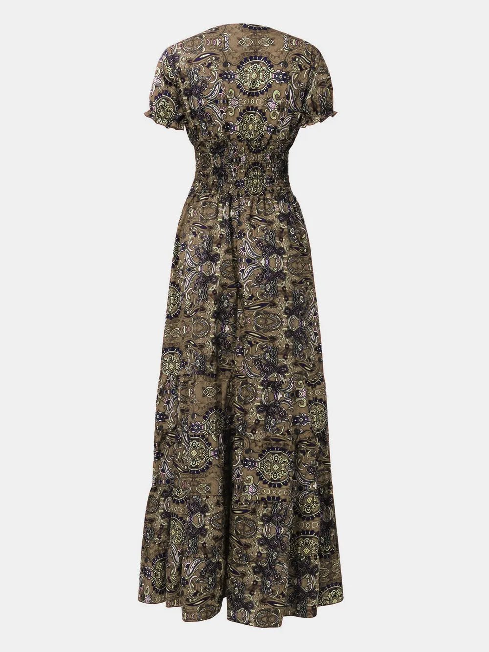 Full Size Smocked Printed V-Neck Short Sleeve Dress - Lara Moda