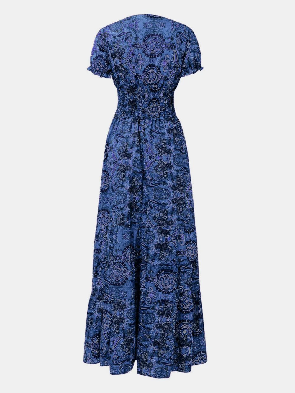 Full Size Smocked Printed V-Neck Short Sleeve Dress - Lara Moda