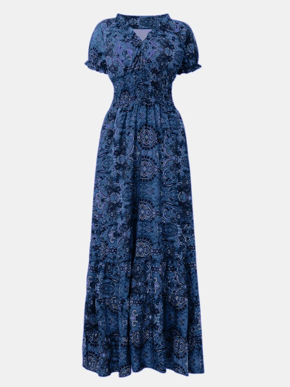 Full Size Smocked Printed V-Neck Short Sleeve Dress - Lara Moda