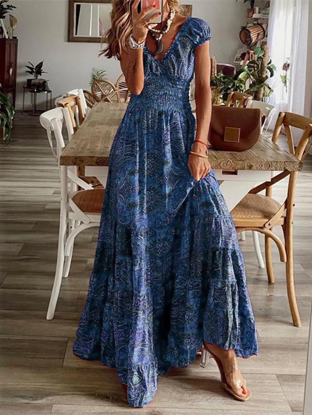 Full Size Smocked Printed V-Neck Short Sleeve Dress - Lara Moda