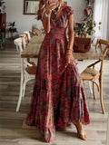 Full Size Smocked Printed V-Neck Short Sleeve Dress - Lara Moda