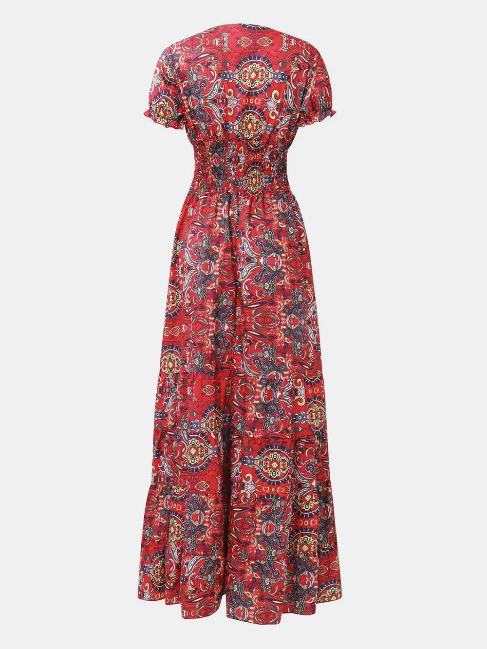 Full Size Smocked Printed V-Neck Short Sleeve Dress - Lara Moda