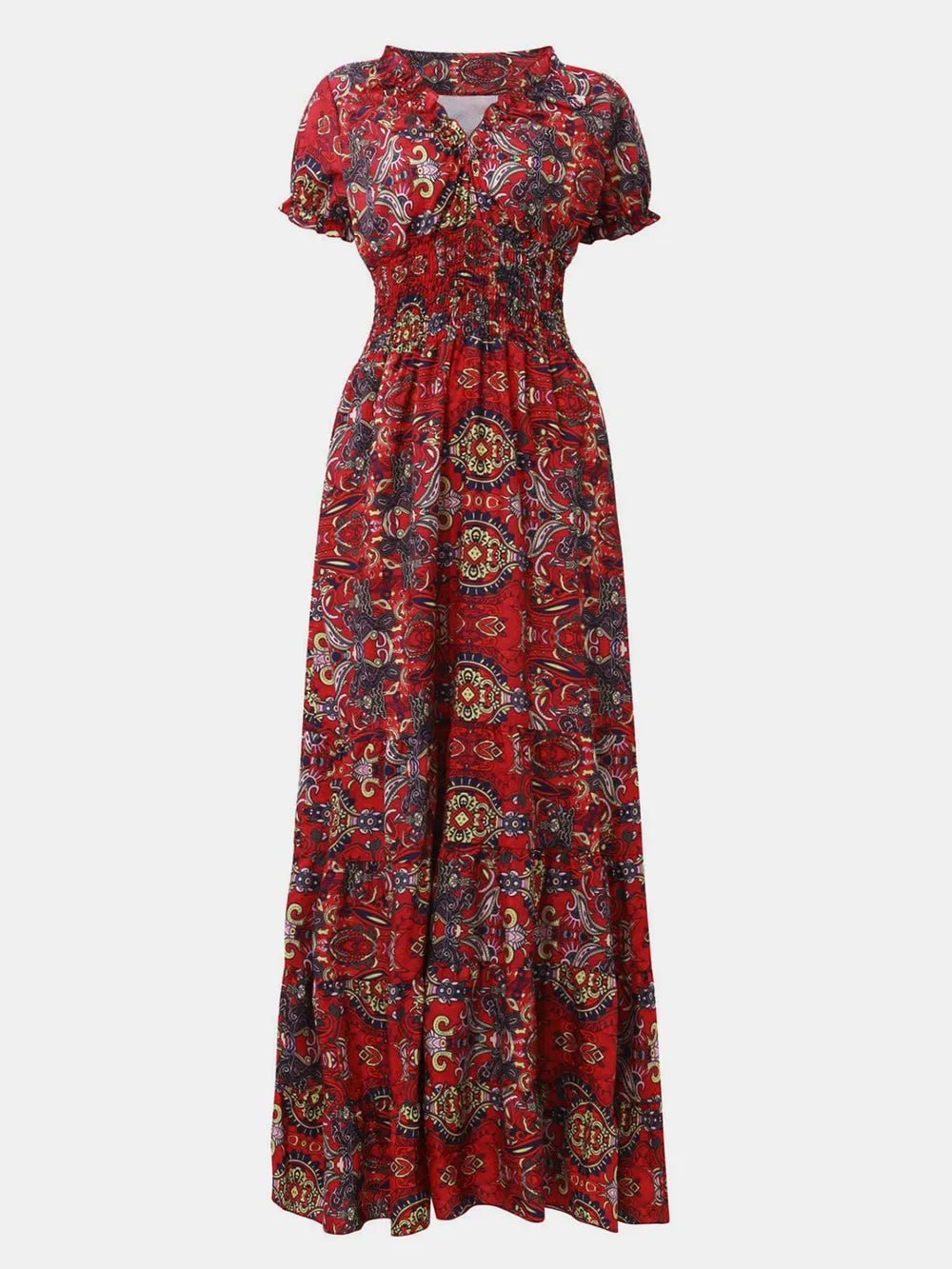 Full Size Smocked Printed V-Neck Short Sleeve Dress - Lara Moda