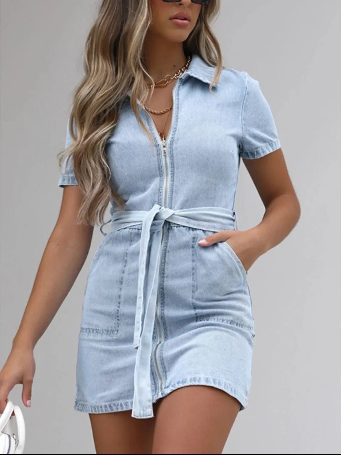 Full Size Zip Front Short Sleeve Denim Dress Plus Size - Lara Moda