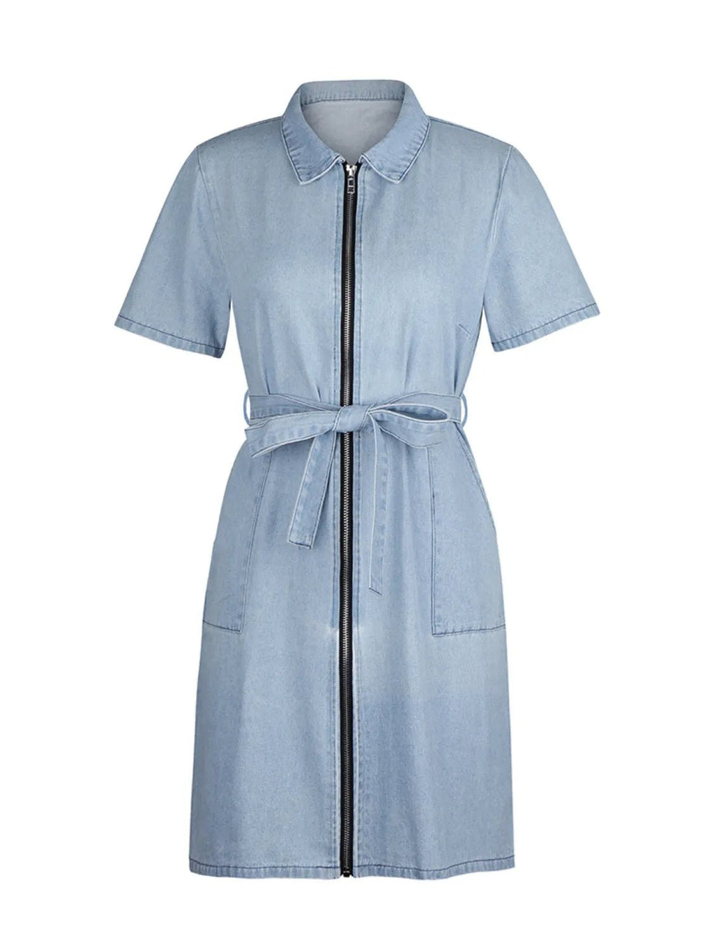 Full Size Zip Front Short Sleeve Denim Dress Plus Size - Lara Moda
